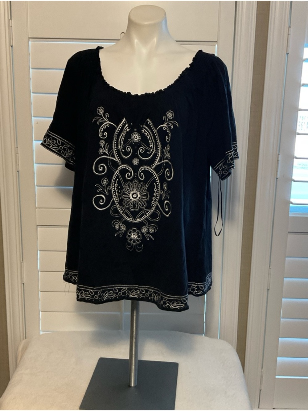 Style & Co. Black Tunic with White Embroidered Floral Motif